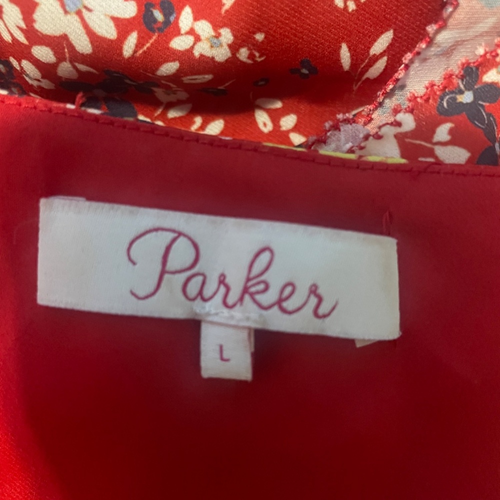 PARKER Red Scialla Ruffled Floral Smocked Waist Surplice Dress SZ L - Picture 8 of 8